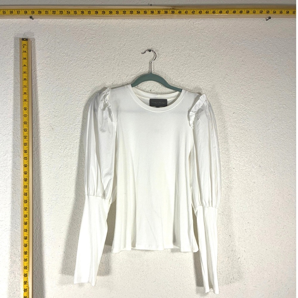 Sunday in Brooklyn Ivory Ribbed Puff Sleeve‎ Ruffle Top White Large 15295
